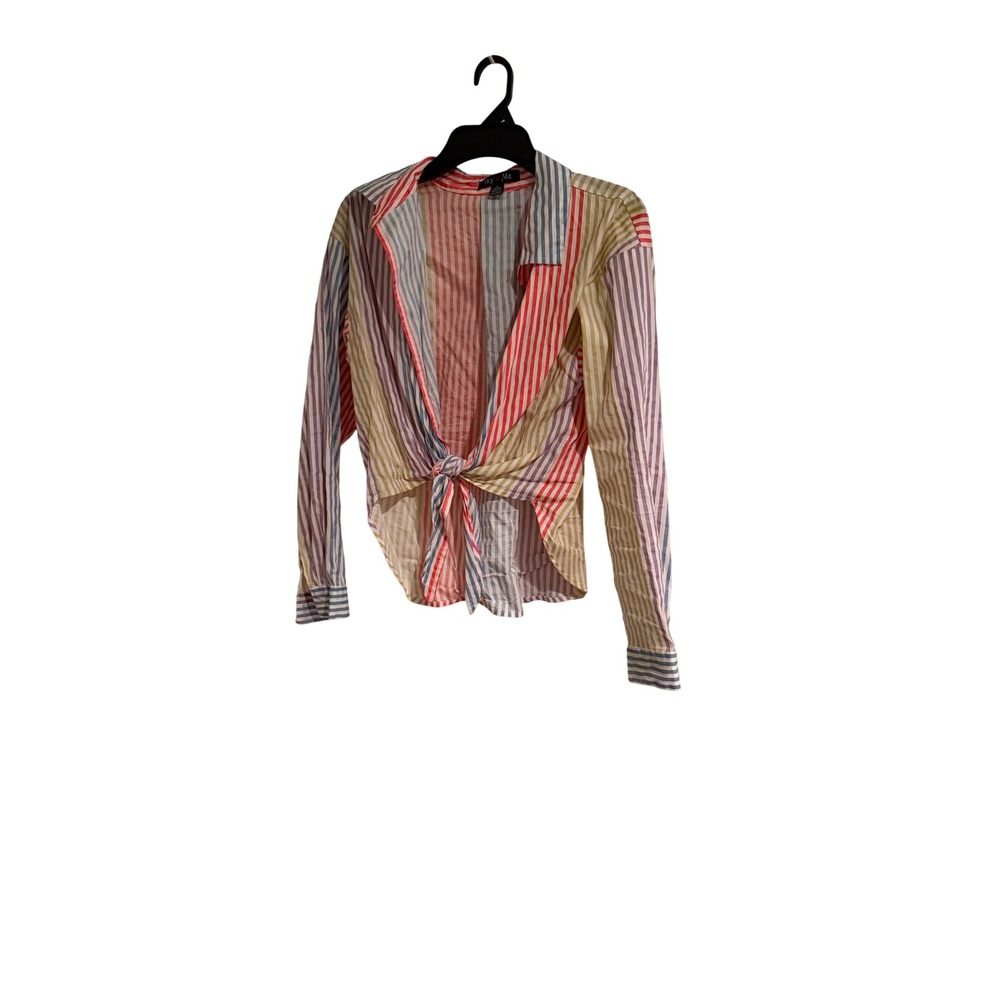 Womens Multicolor Striped Long Sleeve Front‎ Tie beach cotton  Shirt